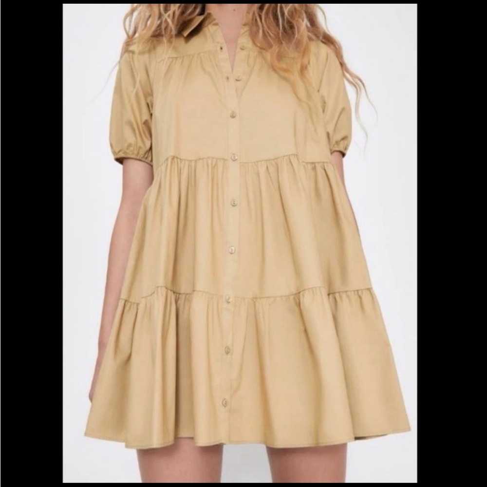 Zara Womens Voluminous Brown
Tiered Mini Short Sleeve Dress Size Small